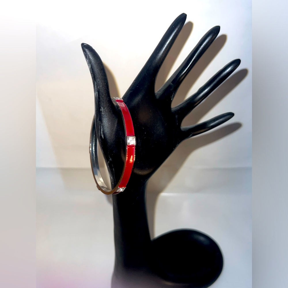 Red Enamel Bangle Bracelet w/Square Crystals